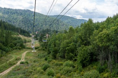 Yeşil ormanda kayak asansörü. Dağlarda Kablo Yolu. Yazın doğa ağaçları