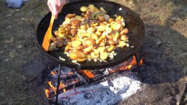 Kamp ateşinde yürüyüş yaparken yemek pişirmek. Kızarmış patates. Dışarıdaki yangında kızartma tavası. Doğada sokak soğanı yiyeceği.