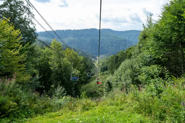 Yeşil ormanda kayak asansörü. Dağlarda Kablo Yolu. Yazın doğa ağaçları