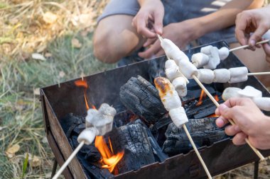 Kamp yaparken kamp ateşinde marşmelov kızartıyorum. Kamp alanındaki dostların elleri barbeküde. Açık hava tatlı kamp yemeği.