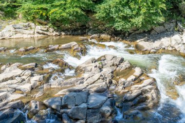 Dağ nehri taşı. Taşların üzerinden akan su. Şelaleler akıyor