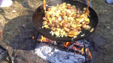 Kamp ateşinde yürüyüş yaparken yemek pişirmek. Kızarmış patates. Dışarıdaki yangında kızartma tavası. Sokak yemekleri doğada hazırlanır..