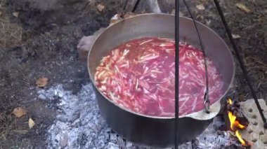 Yürürken kamp ateşinde kırmızı Ukrayna çorbası pişir. Ateşin üstünde yemek pişirmek. Dışarıda kazan var. Çorba içinde lahana ve sebze. Yakacak odun