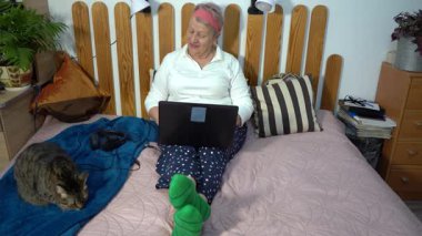 Kulaklığı ve dizüstü bilgisayarı olan aktif, yaşlı bir kadın yatağında otururken iletişim kuruyor ve çalışıyor. Bir büyükanne bir kediyle konuşur. Evden iş sohbeti.