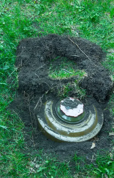 Yerdeki çimlerde yeşil tanksavar mayını var. Arazide askeri bomba var.