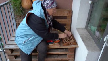 Büyükannem tahtadan bir tepside fındık hasadını ayırıyor. Yaşlı bir kadın ceviz kıran ceviz kabuğunu soyar.