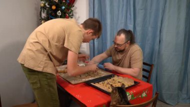 Bir adam ve bir genç çocuk hamurdan kurabiye kesiyorlar. Baba ve oğul birlikte yemek pişiriyorlar. Baba aşçı. Kedi evi. Noel yemeği.