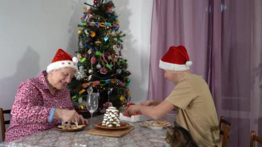 Kırmızı Noel Baba şapkalı yaşlı kadın zencefilli kek ağacını kremayla süslüyor. Ergen torunumla evde kurabiye pişiriyorum. Noel pastası. Kış yemeği. Kedi