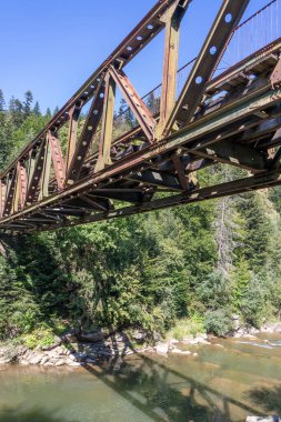 Bir dağ nehrinin üzerindeki eski demir köprü. Orman ağaçları