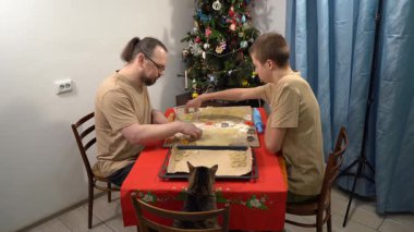 Bir adam ve bir genç çocuk hamurdan kurabiye kesiyorlar. Baba ve oğul birlikte yemek pişiriyorlar. Baba aşçı. Kedi bakışı. Noel pastası. Tablo