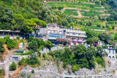 Monterosso köyündeki dağdaki üzüm bağları, İtalyan sahillerindeki parlak ev. Eski mimari