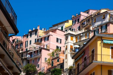 Uçurumun kenarındaki çok renkli evler. Manarola İtalyan köyü Cinque Terre, Liguria, İtalya balkonu.