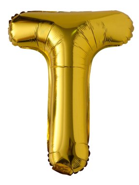 Altın folyo renkli T balonu beyaz arka planda izole edildi. Altın parti dekorasyonu
