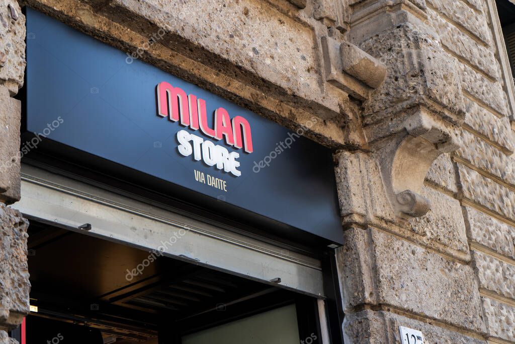 AC Milan Store in Milano. Red logo brand sign. Official Shop entrance via Dante. Italy, Milan - July 17, 2025