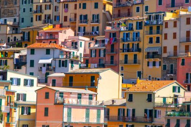 Uçurumun kenarındaki çok renkli evler. Manarola İtalyan köyü Cinque Terre, Liguria, İtalya