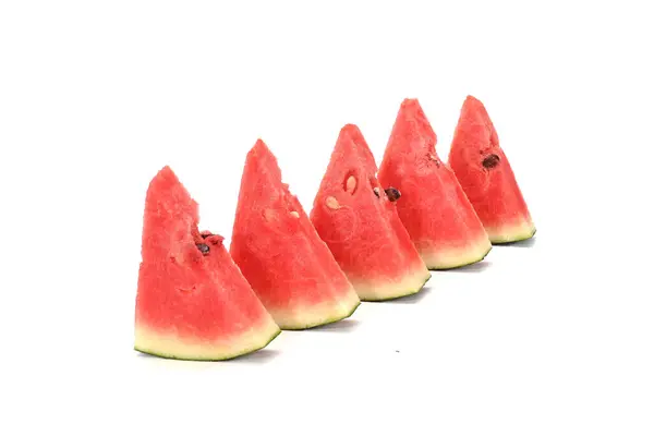 Snijd Van Watermeloen Witte Achtergrond Sappige Rijpe Watermeloenen — Stockfoto