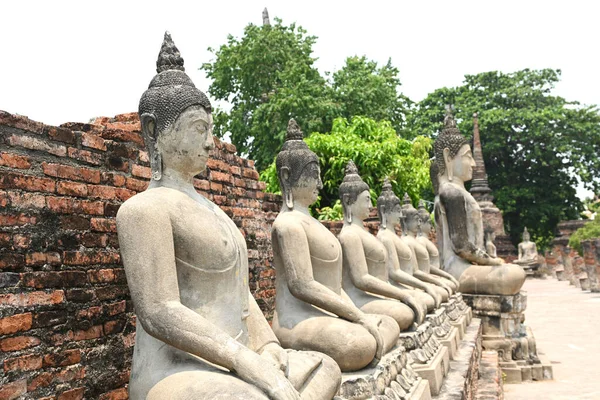 Rij Van Boeddhabeelden Bij Tempel Ayutthaya Thailand — Stockfoto