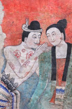 Nan Eyaleti, Tayland 22 Aralık 20123 duvar resmi Wat Phumin, erkekler ve kadınlar aşk için fısıldıyor. Tayland 'da antik tablolar