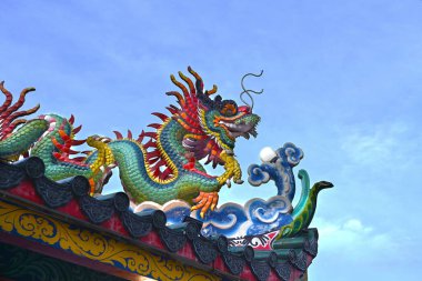 Çin tapınağının çatısında geleneksel ejderha heykeli