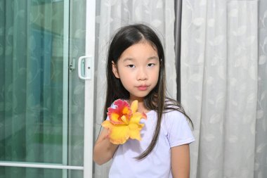 Renkli bir Cattleya orkidesi olan şirin bir Asyalı kızın portresi.