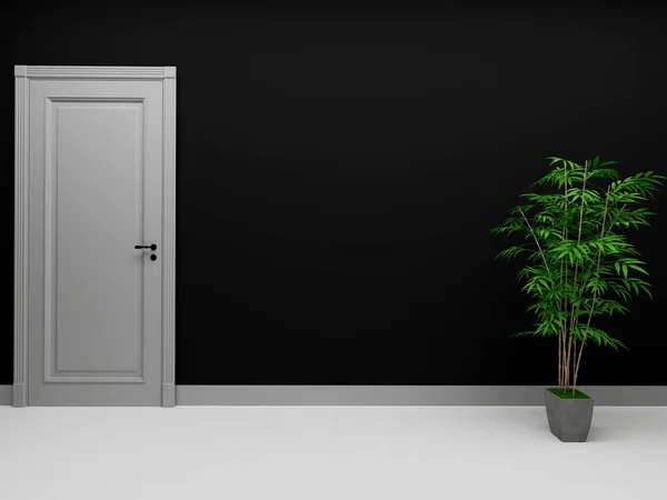 部屋のドアと緑の植物3Dレンダリング — ストック写真