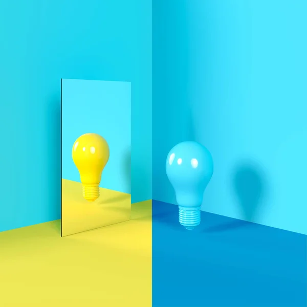 Ideia Lâmpada Reflexão Conceito Espelho Estúdio Quarto Isolado Canto Azul — Fotografia de Stock