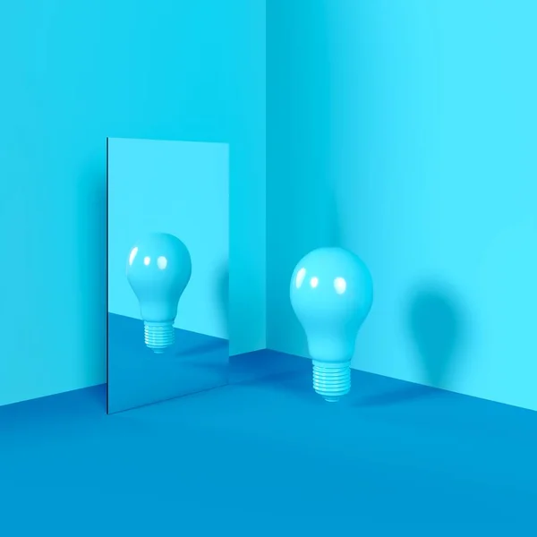 Reflexão Conceito Ideia Lâmpada Cor Azul Espelho Colocar Estúdio Quarto — Fotografia de Stock