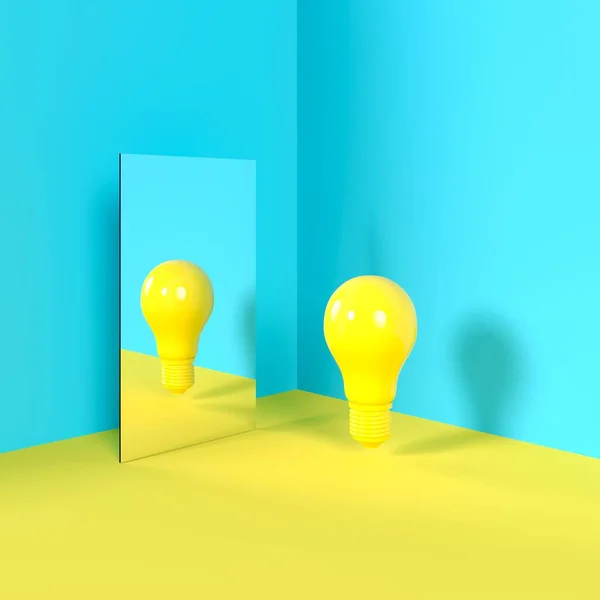 蓝角隔离室镜面上的灯泡概念反射 3D渲染最小概念 — 图库照片