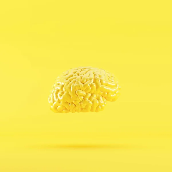 Cerebro Color Amarillo Flotando Sobre Fondo Amarillo Render Concepto Idea — Foto de Stock