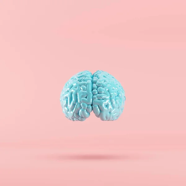 Cérebro Cor Azul Flutuando Sobre Fundo Rosa Render Conceito Ideia — Fotografia de Stock