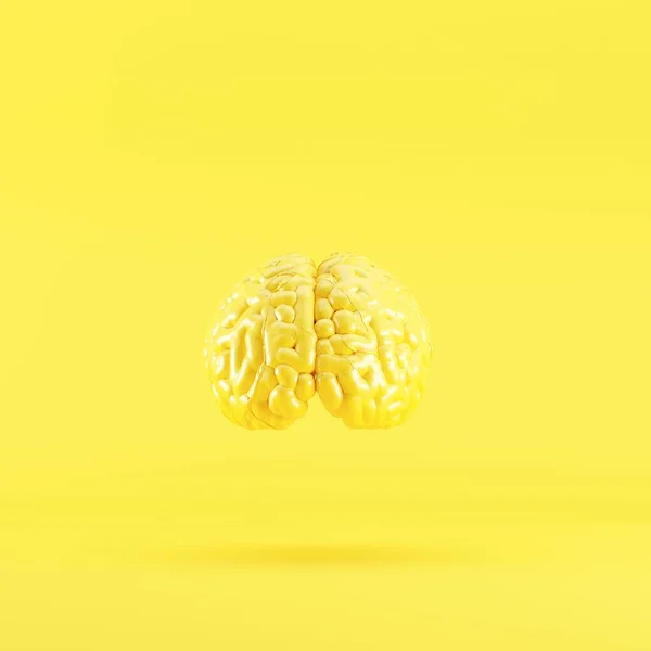 Мозок Жовтого Кольору Плаває Жовтому Тлі Рендеринг Концепція Мінімальної Ідеї — стокове фото