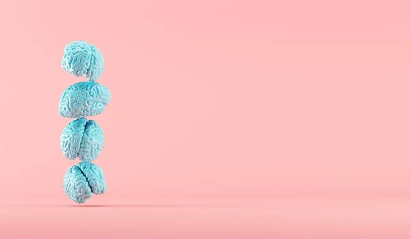 Cérebros Cor Azul Empilhados Fundo Rosa Render Conceito Ideia Mínima — Fotografia de Stock