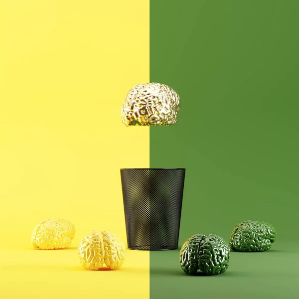 Golden color brain, Floating under trash bin on Yellow half green background. 3D Render. Minimal idea concept creative.