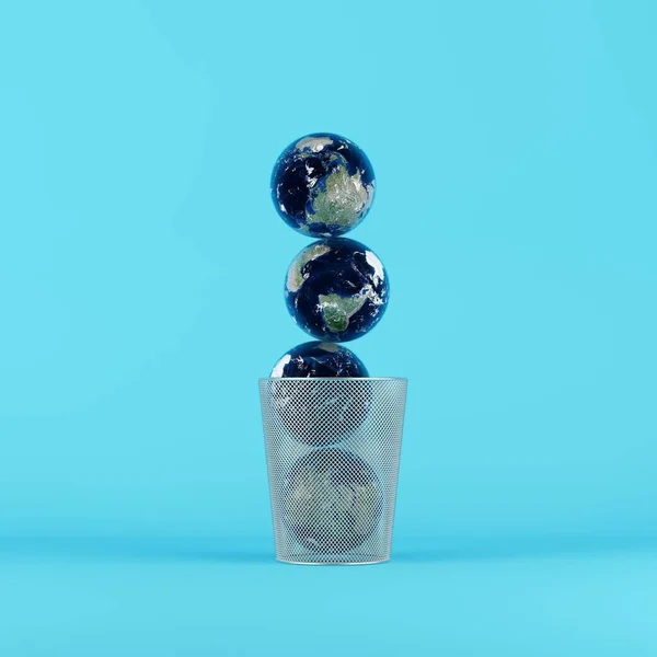 Globes Global Earth Stacked Recycle Bin Blue Background 3D渲染 创意最小的概念 — 图库照片