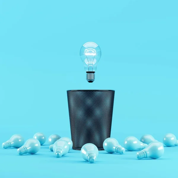 Lighting bulb floating on Bin Trash with Blue illumination bulb placed on a blue background. 3D render. minimal creative idea.