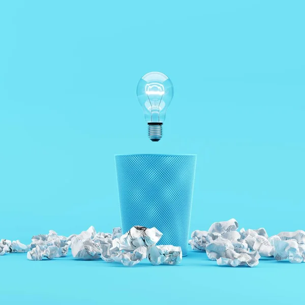 Lighting bulb floating on Bin Trash with paper trash placed on a blue background. 3D render. minimal creative idea.