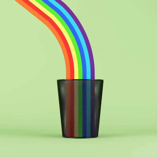 Rainbow color on Recycle bin  trash on green background. 3D Render. Creative minimal idea concept.