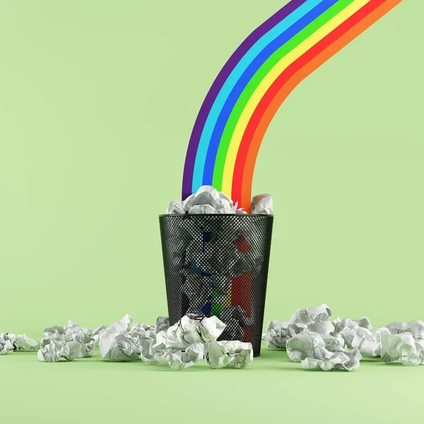 Rainbow color on Recycle bin with paper trash on green background. 3D Render. Creative minimal idea concept.
