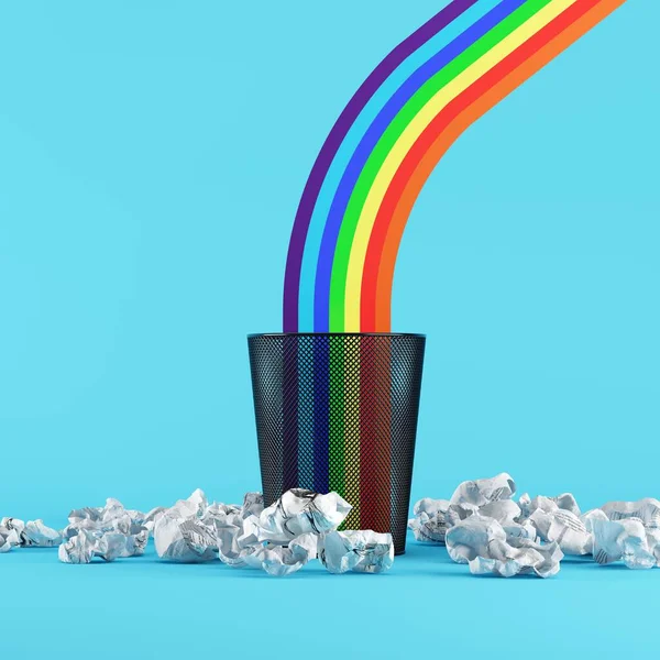 Rainbow color on Recycle bin with paper trash on  background. 3D Render. Creative minimal idea concept.