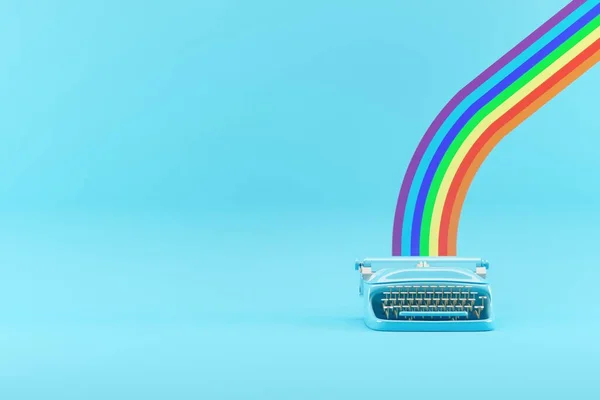 Blauwe Kleurentypemachine Met Rainbow Print Isoleert Blauwe Achtergrond Minimaal Creatief — Stockfoto