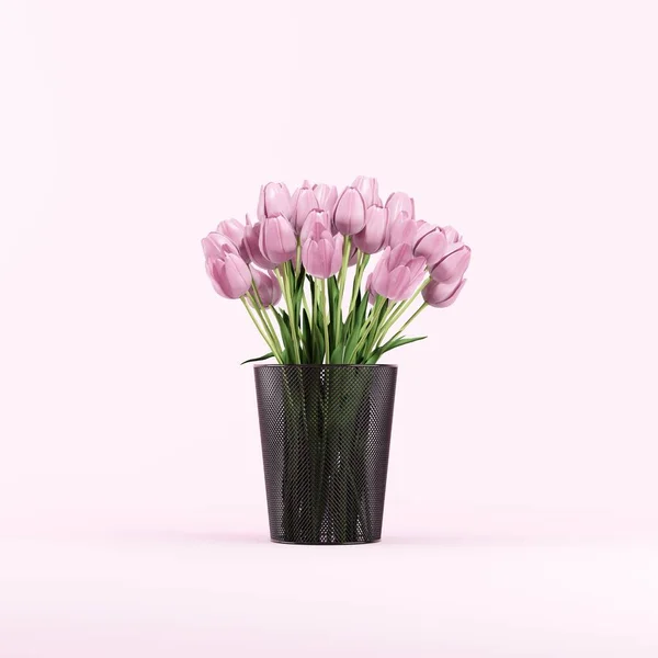 Ramo Flores Tulipanes Rosados Poner Papelera Reciclaje Negro Estudio Fondo —  Fotos de Stock