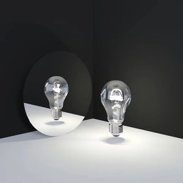 灯泡的概念反映在镜面上的黑白角落隔离室内工作室 3D渲染最小概念 图库图片
