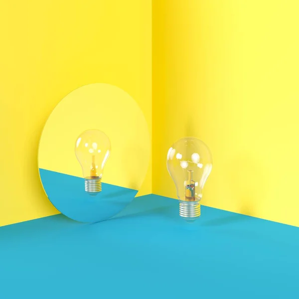 蓝角隔离室镜面上的灯泡概念反射 3D渲染最小概念 免版税图库图片