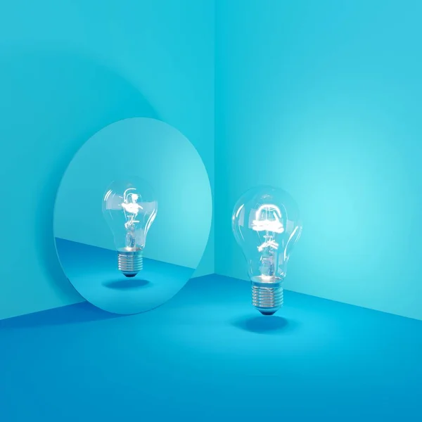 蓝角隔离室镜面上的灯泡概念反射 3D渲染最小概念 免版税图库图片