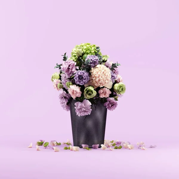 一束花放在紫色背景工作室的黑色回收站上 3D渲染 创意创意概念 图库图片