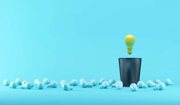 灯泡漂浮在垃圾堆上 蓝色灯泡放在蓝色背景上 3D渲染 最小的创意 免版税图库照片