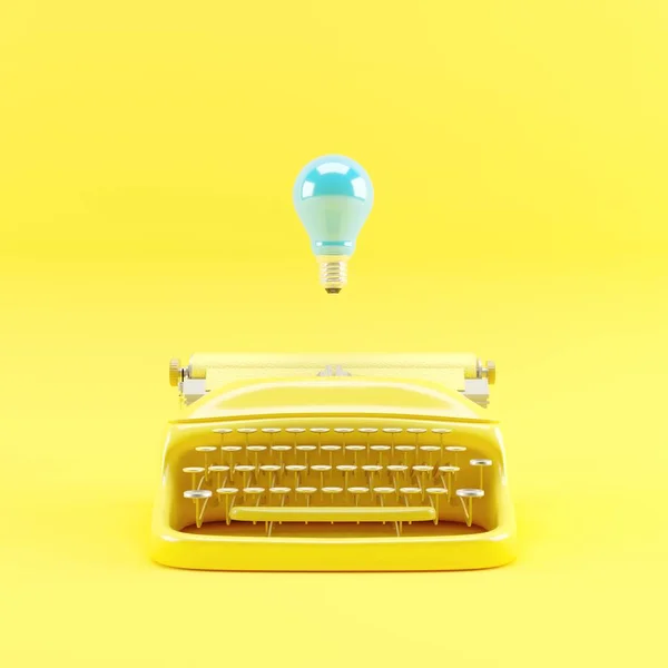 Máquina Escribir Color Amarillo Con Bombilla Azul Flotante Idea Creativa Imágenes de stock libres de derechos