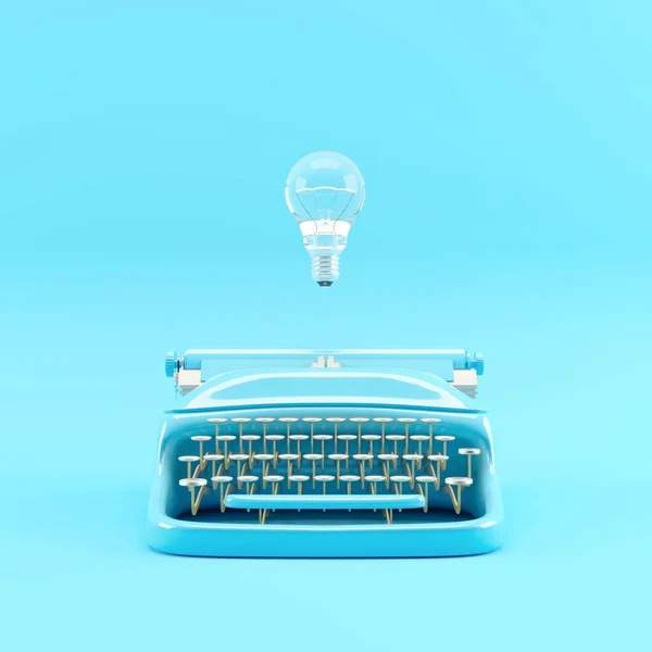 Blå Färg Skrivmaskin Med Belysning Glödlampa Flytande Minimal Kreativ Idé Stockfoto