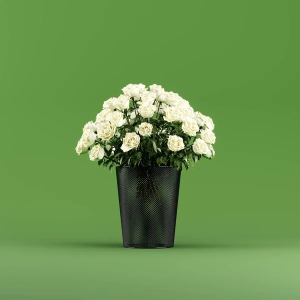 Ένα Μπουκέτο Λουλούδια Που Λευκό Τριαντάφυλλο Έβαλε Μαύρο Κάδο Ανακύκλωσης Royalty Free Φωτογραφίες Αρχείου