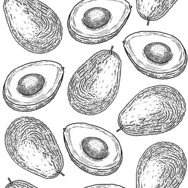 El çizimi avokado meyvesi arka plan tasarımı. Kusursuz sağlıklı yemek kalıbı. Tekstil, ambalaj ve baskı için çizilmiş vektör çizimi. Avokado meyvesinin tamamı, arkaplanla birlikte yarısı kesilmiş..